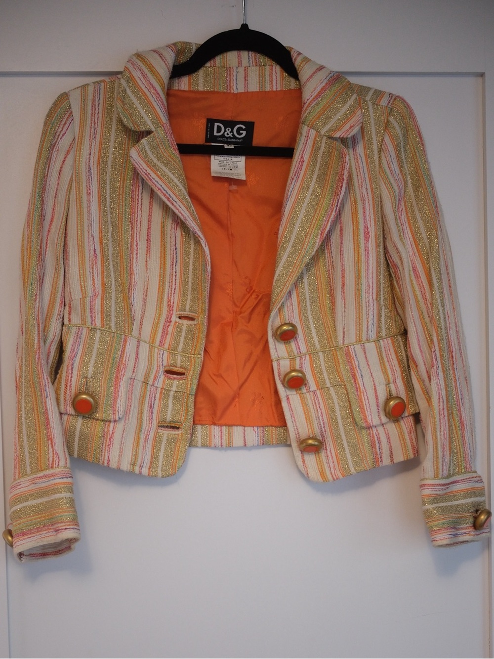 Dolce & Gabbana Striped Tweed Cropped Jacket in Orange, Cream and Pink